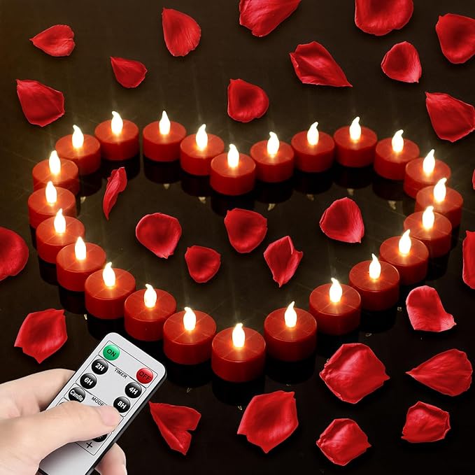 12Pack Remote Control LED Tea Lights Battery Operated Flameless Candles Realistic and Bright Flickering Long Lasting 400 Hours Electric Candles for Christmas Home Party Wedding Decor (Red)
