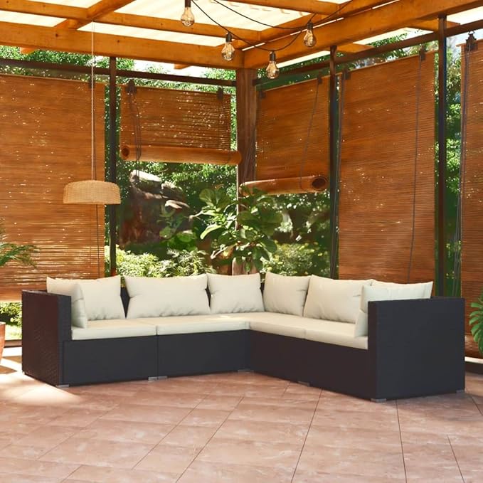 5 Piece Patio Lounge Set with Cushion, Patio Lounge Set Furniture Conversation Sets Piece Patio Set Outdoor Patio Sectional s Poly Rattan Black