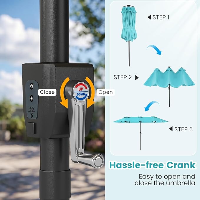 Tangkula 13 Ft Solar Patio Umbrella, Double-Sided Extra Large Outdoor Market Table Umbrella with Multi-Colored Flowing LED Lights, Crank Handle, 12 Sturdy Ribs for Poolside, Garden & Backyard (Turquoise)