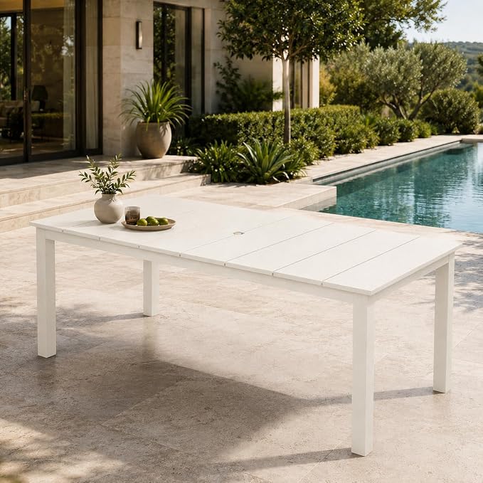 75.2" Outdoor Dining Table for 4-6 People, Patio Dining Outdoor Table with Umbrella Hole, All Weather Patio Table for Backyard, Deck and Garden, White