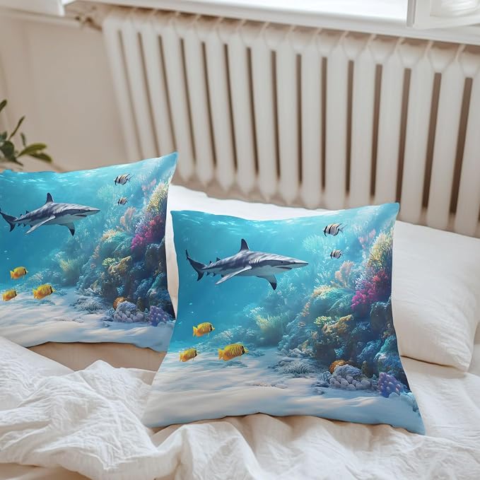 JasmineM Outdoor Pillow Cover Set of 2 Ocean Shark Waterproof Throw Pillow Covers Underwater Decorative Pillowcases Garden Cushion Case for Patio Couch Sofa 20x20 Inch