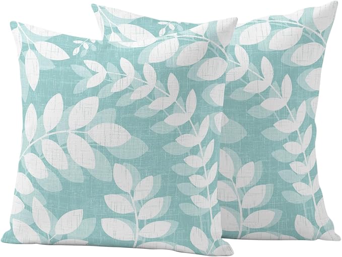 Pale Teal Leaves Outdoor Waterproof Throw Pillow Covers 20x20 Set of 2, Farmhouse Botanical Branch Vintage Boho Leaf Decorative Pillowcases Cushion Pillowcase for Couch Sofa Patio Pillow Protector