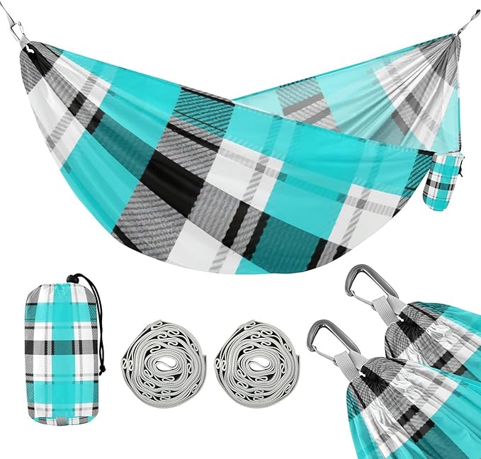 Black White Blue Checkered Plaid 330lb Capacity Camping Hammocks with Tree Straps Hanging Hammock for Camping & Hiking Essential Silla colgante para Patio Exterior