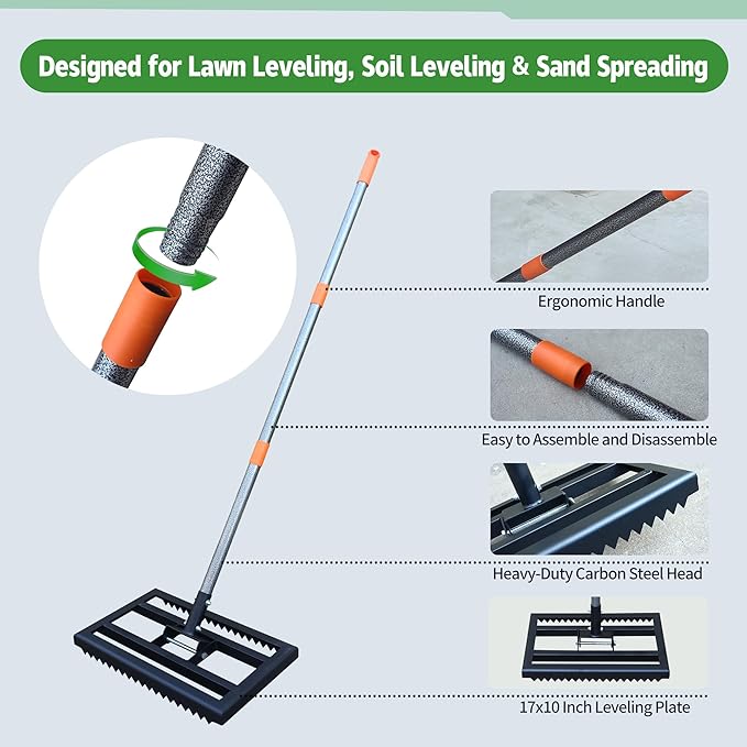 Lawn Leveling Rake 17x10 Inch, 6FT Heavy-Duty Carbon Steel Lawn Leveler – Yard Leveling Rake for Soil, Sand, Grass, Perfect for Lawn Repair, Pit Filling & Garden Maintenance