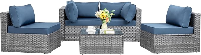 Shintenchi 5 Pieces Outdoor Patio Sectional Sofa Couch, Silver Gray PE Wicker Furniture Conversation Sets with Washable Cushions & Glass Coffee Table for Garden, Poolside, Backyard (Aegean Blue)
