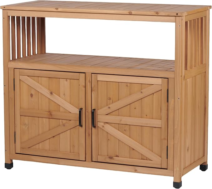 Outdoor Storage Cabinet, Patio Cabinet, Solid Wood Outdoor Console Table, Light Brown Slatted Fir Wood Outdoor Buffet Table, Serving Station, Bar Counter, 220 lb Capacity