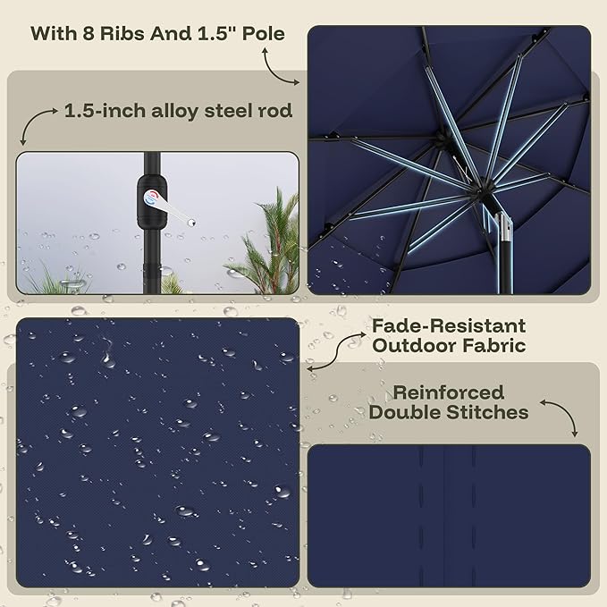 GDPFN 10FT Patio Table Umbrella Outdoor, 3 Tier Tilting Vented Windproof Market Umbrella for Outside, Outdoor Sun Shade for Inside of Pool, Deck, Backyard, Garden, Navy Blue (No Base)