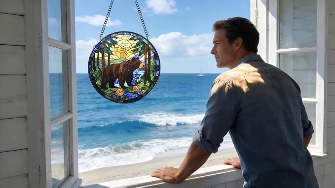 Stained Glass Window Hanging - A Black Bear is Walking in The Forest 6.3 Inches Suncatcher for Garden Home Decor for Women Mom Grandma Friends