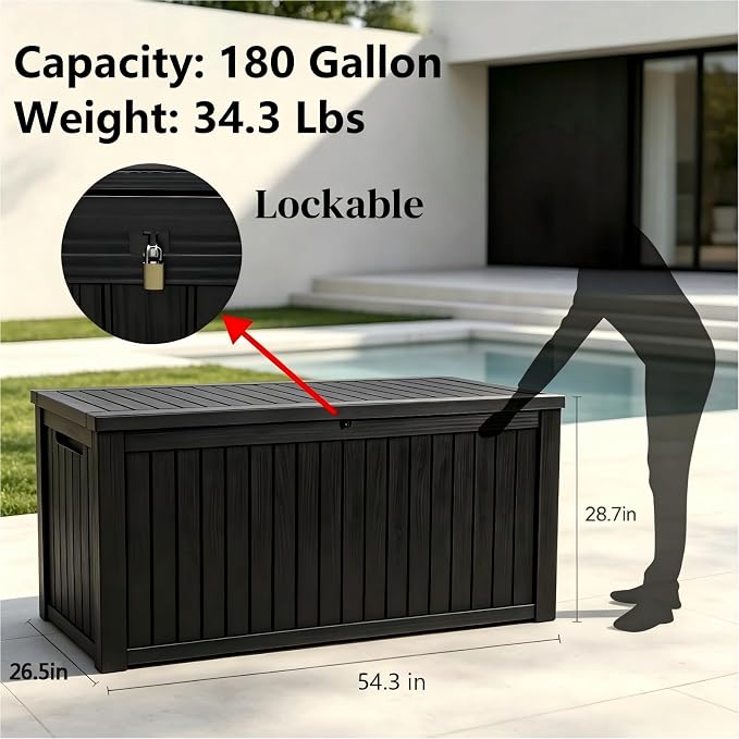 180 Gallon Outdoor Storage Box Waterproof, Large Resin Deck Box with Lockable Lid & Soft-Close Hydraulic Struts, Outside Storage Box for Patio Furniture, Garden Tools, Pool Accessories, Black
