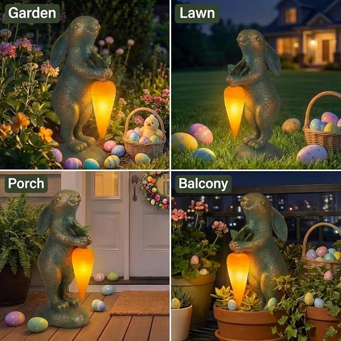 PETAFLOP Solar Garden Statues Outdoor Decor, Rabbit Figurines with Carrot Light for Patio Balcony Lawn Yard Decorations, Birthday Housewarming Gifts for Women Mom Grandma