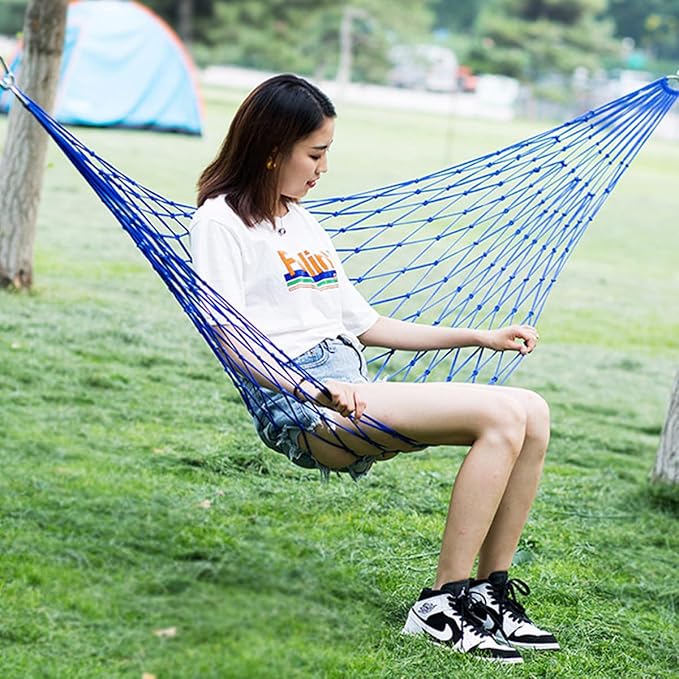 Abaodam Portable Outdoor Nylon Hammock for Camping and Garden Use, Blue Mesh Leisure Hanging Bed 230x80cm with 5.5mm Thick Rope, Lightweight Travel Hammock for Patio and Backyard