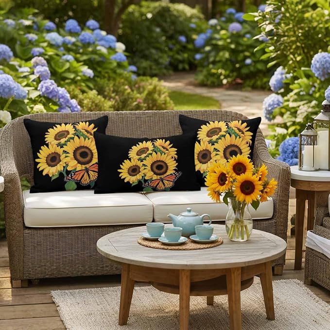 Outdoor Waterproof Throw Pillow Covers Set of 2 Watercolor Sunflower Pillowcases 18x18 Inches Summer Floral Butterfly Decorative Pillows Cushion Case Patio Pillows for Couch Bed Chair Garden