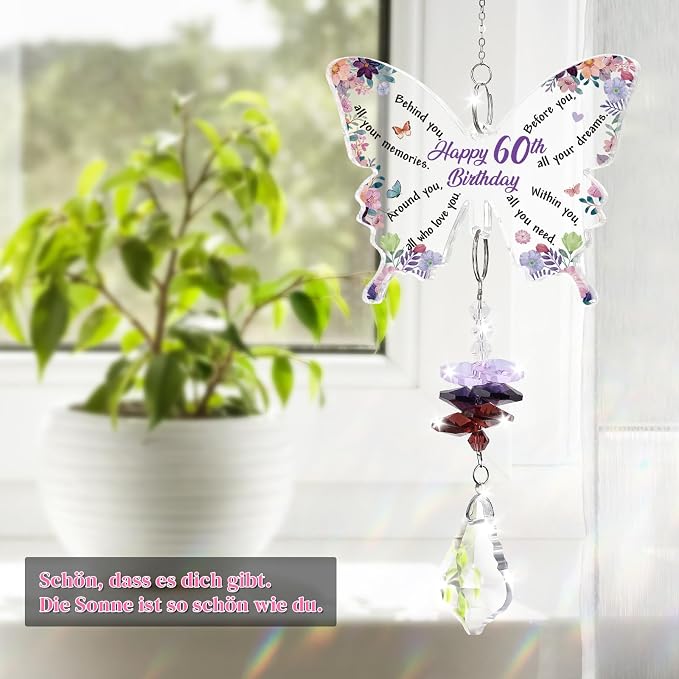 Funnli 60th Birthday Gifts for Women Suncatcher, 60th Birthday Decorations | 60 Year Old Bday Gift for Friends Sister Mom Grandma Window Hangings Home Decoration