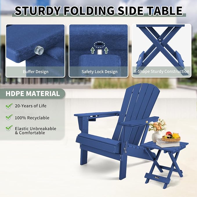 FUNBERRY Outdoor Folding Adirondack Side Table, Patio End Table | No Assembly, Portable, HDPE All Weather, No Rot, No Rust, No Crack, Save Space, Easy-Clean for Indoor or Outdoor