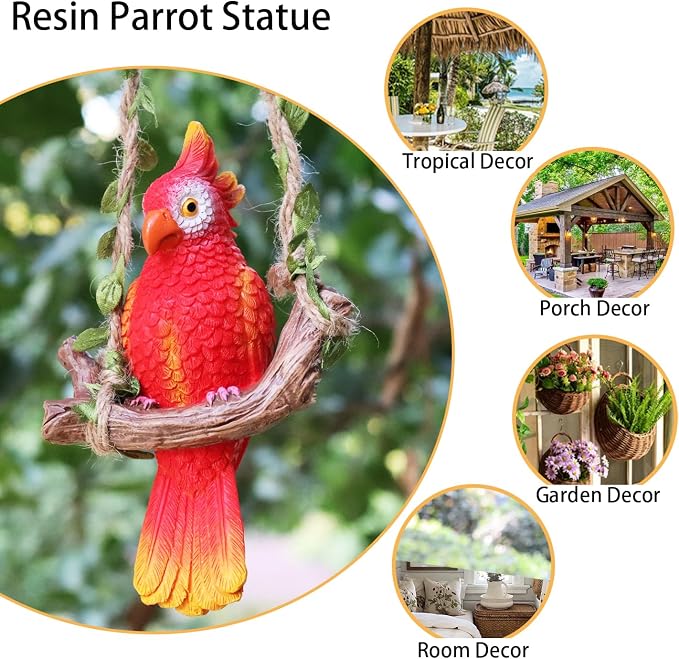 Hanging Parrot Garden Statue Decor Outdoor Hanging Animals Sculpture Decorations Tropical Swing Bird Figurine for Patio Tree Plant Lawn Yard Porch Balconies (Red)