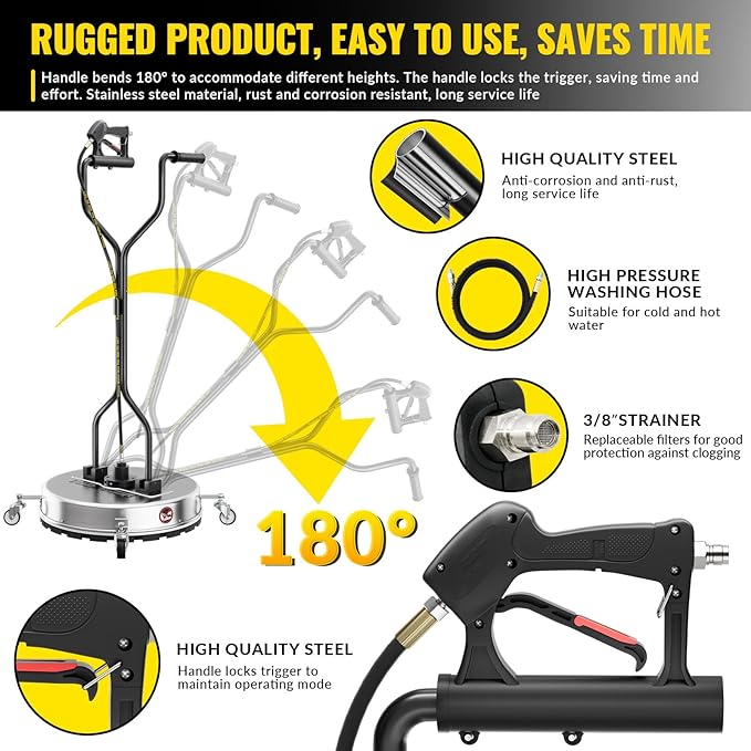 VELPAX 22 Inch Pressure Washer Surface Cleaner with 4 Wheels,Dual Handle,Stainless Steel Housing,4500 PSI Power Washer Accessory for Concrete, Patio, Sidewalk, Deck, Driveways and Daily Washing