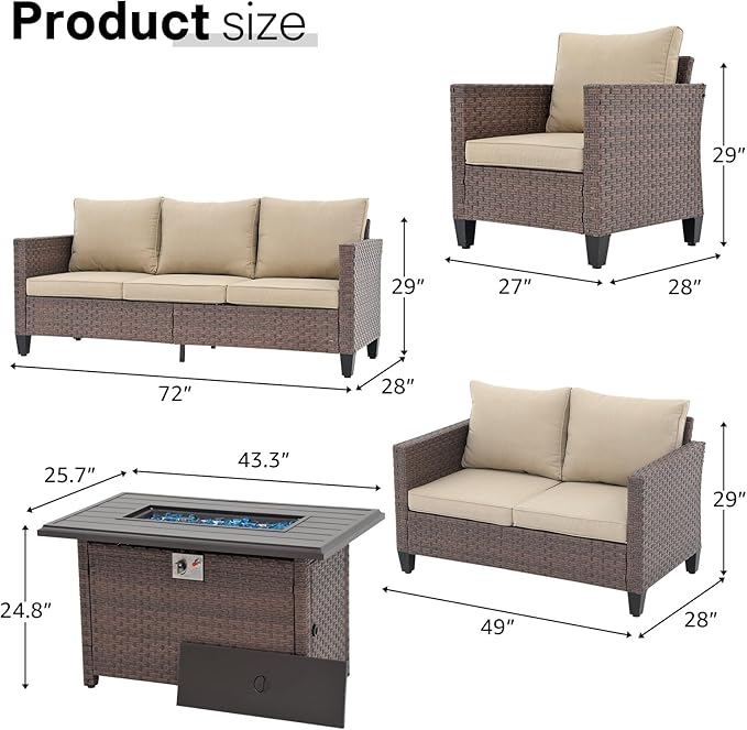 SUNSITT Outdoor Patio Furniture Set with Fire Pit Table 6 Piece Wicker Conversation Set with 43in Propane Firepit Sectional Dining Set 3 Seat Sofa Couch with Ottoman, Brown Wicker & Beige Cushion