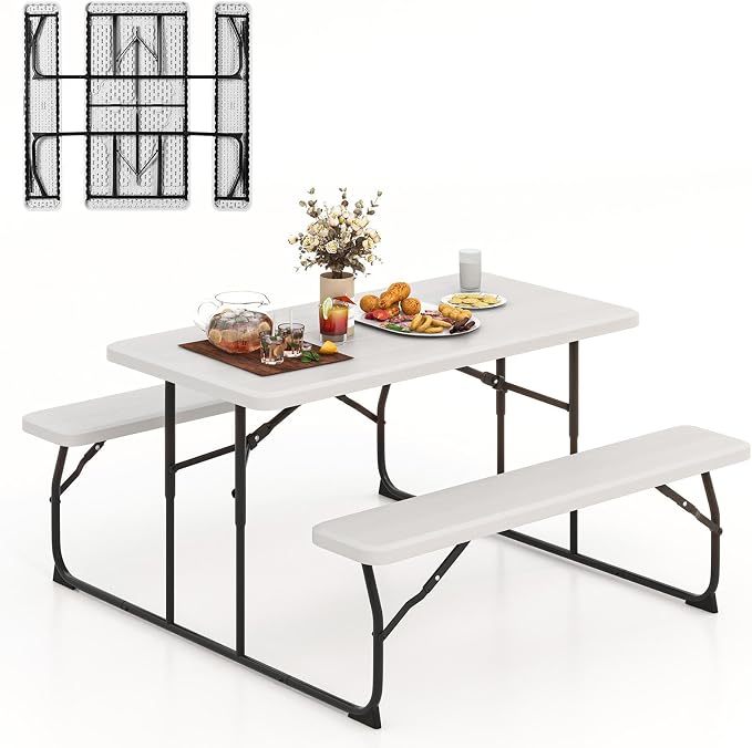 Moccha Folding Picnic Table - Portable Picnic Table with Benches, HDPE Tabletop, Metal Frame, Foldable Camping Table, Outdoor Dining Table Set for Garden Party BBQ Patio Table Bench Set (White)