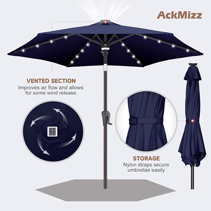 7.5ft Solar Umbrella Outdoor - Lighted Solar Patio Umbrella with 24 LED Lights Waterproof UV Protection, Table Umbrella with Tilt for Pool, Porch, Garden, Deck, Backyard (Navy Blue)