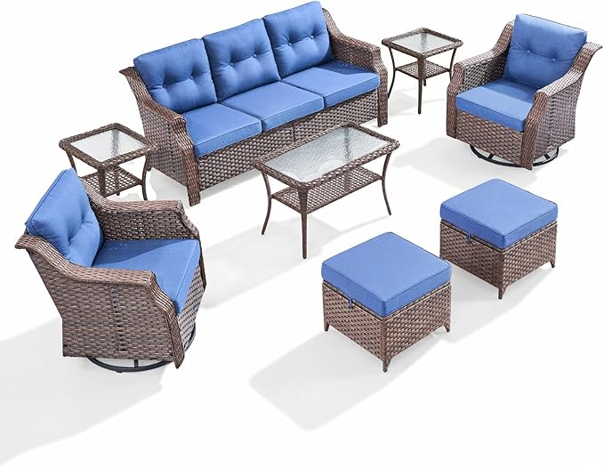 Outdoor Swivel Rocking Chair Set (8-Piece), Rocking Chair with Sofa and Coffee Table Set, Crafted from PE Rattan with an Elegant Side Table, Ideal for Gardens and Patios, Brown/Blue