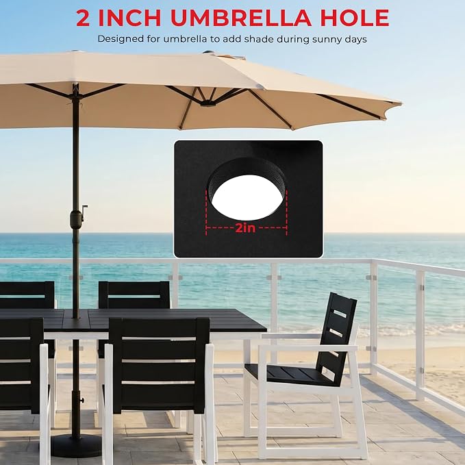 Costaelm Stinson 9-Piece Outdoor HDPE Patio Dining Table Set with Umbrella Hole & Dining Chairs for 8, Black