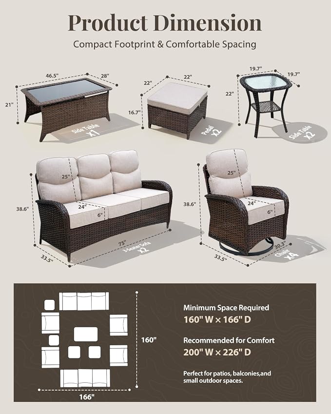 Patio Furniture Set with Luxury 6" Cushions, 11 Pieces Swivel Rocking High Back Patio Chairs, Couch and Ottoman, Outdoor Wicker Conversation Set for Deck, Porch, Backyard, Poolside, Beige