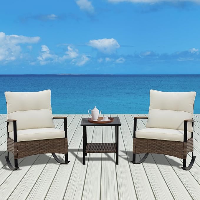 COOS BAY Sunset Haven 3 Piece Outdoor Patio Furniture Set, Rocking Chairs with Side Table, Wicker Patio Bistro Set, Brown/Beige