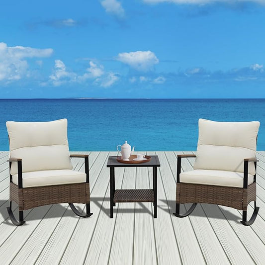COOS BAY Sunset Haven 3 Piece Outdoor Patio Furniture Set, Rocking Chairs with Side Table, Wicker Patio Bistro Set, Brown/Beige