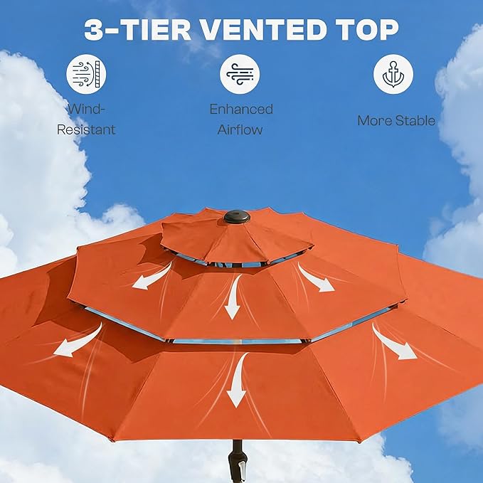 10ft 3 Tier Patio Umbrella, Outdoor Market Table Umbrella with UPF 50+ Vented Canopy, 8 Sturdy Ribs, Easy Push Button Tilt and Crank, Windproof for Deck, Pool, Backyard and Garden