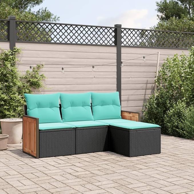 4 Piece Patio Sofa Set with Cushions, Garden Lounge Set Outdoor Dining Sets Patio Conversation Set Outdoor Sofa Sets for Piazza Poolside Negotiation Area Garden Black Poly Rattan