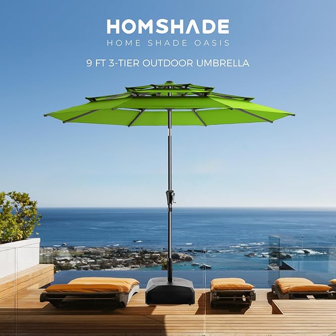 HOMSHADE 9FT 3-Tiers Outdoor Patio Umbrella with 5-Year Fade Resistant,Vented Outdoor Commercial Market Umbrella with UPF50+ UV Protection & Push Button Tilt and Crank for Pool,Backyard(Apple Green)