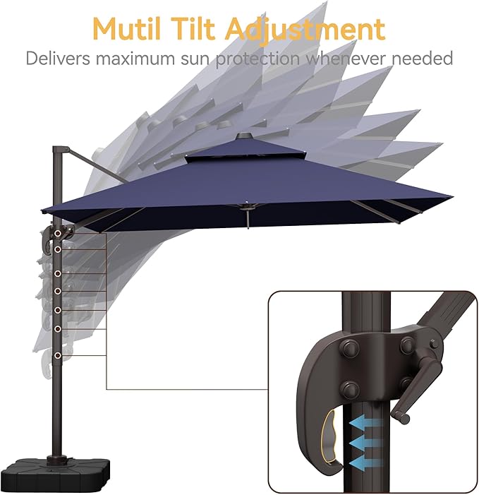 10x10 FT Patio Umbrella with Base, Large Cantilever Double Top Heavy Duty Offset Umbrellas with 360° Rotation, Outdoor shade for Garden Deck Pool, Navy