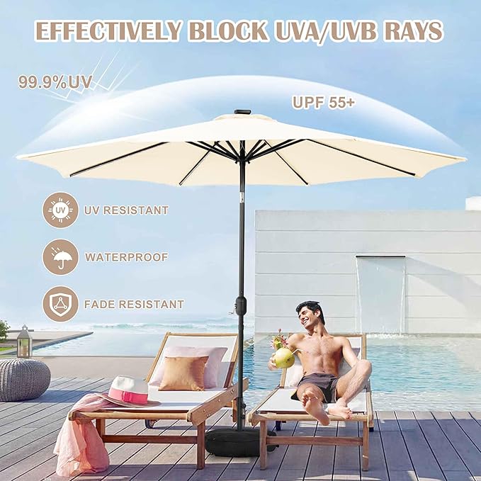 Sundale Outdoor OLEFIN LED Solar Patio Umbrella with Sand Bag Umbrella Base, Outdoor Umbrella with Tilt and Crank