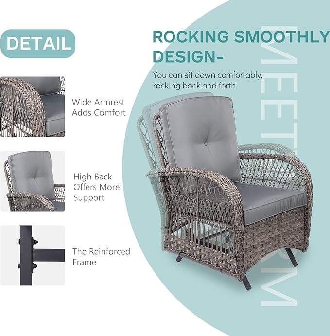 MEETWARM 7-Piece Outdoor Patio Conversation Set with Glider Loveseat, 4 Chairs, 2 Glass-Top Coffee Tables and Wicker Rocking Glider - Thickened Cushions, Gray