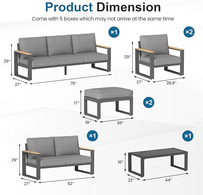 Aluminum Outdoor Patio Furniture Set with Height-adjustable Footrest for Lawn Porches Patio, 6 Piece All-weather Patio Sofa Sets with Coffee Table & Ottomans, Outdoor Patio Conversation set, Grey