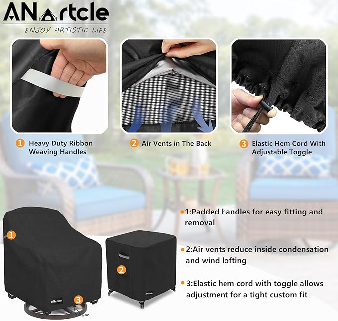 ANartcle 3 Pieces Patio Bistro Sets Cover,600D Waterproof Heavy Duty Patio Furniture Covers,Includes 2 Outdoor Swivel Chair Covers and 1 Patio Wicker Side Table Cover(Black)
