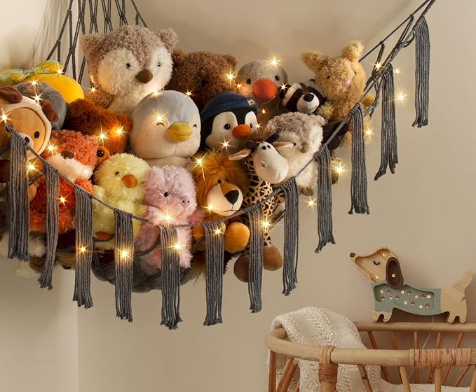 Stuffed Animal Hammock Corner Storage with LED Light - Pluish Hammock Large Plushie Net - Stuffed Animal Holder Hanging Organizer - Teddy Bear Hammocks Room Decorations