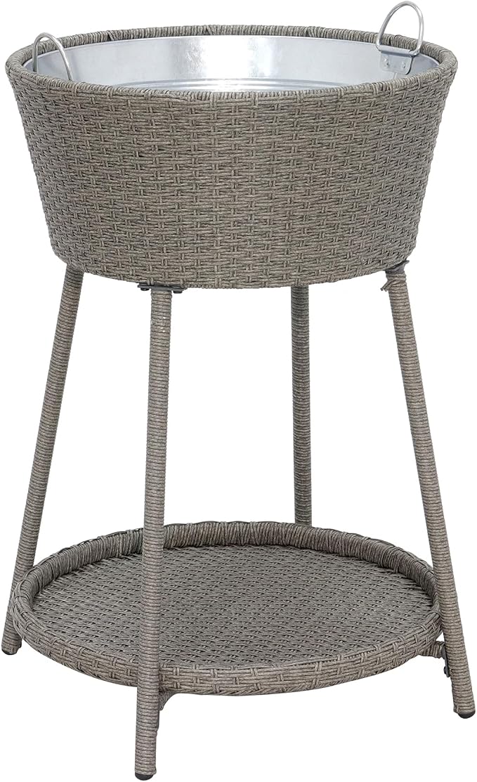 ABBLE Wicker Patio Ice Cooler Table Cool Bar Outdoor Patio Furniture Side Table with Beer and Wine Cooler Grey