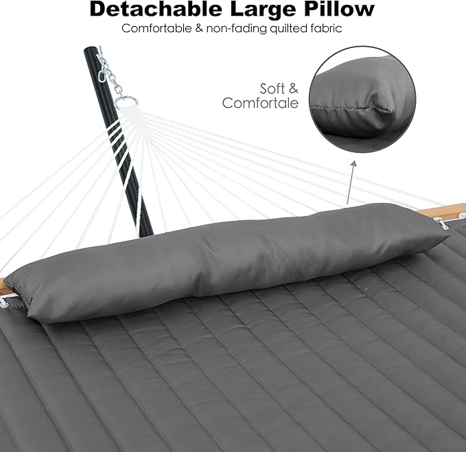 2 Person Hammock with Stand for Outside, Heavy Duty Steel Stand, 55inch Double Hammocks, Large Removable Pillow, Storage Bags, Max 475 lbs Capacity (Haze Gray)