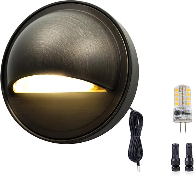 Gardenreet Solid Brass Deck Light - Low Voltage LED Step Light Outdoor, 12V Landscape Hardwired Waterproof, Round Bronze Lighting for Stair Fence Wall Yard with 2700K Warm White G4 Bulb