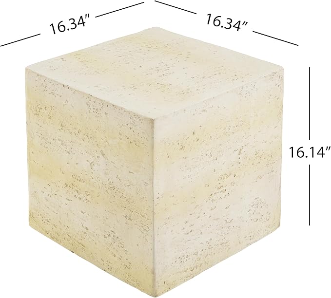 Square Outdoor Concrete Side Table,Patio End Table, Faux Travertine Stone Accent Table with for Indoor Outdoor, Garden Stool Coffee Table for Patio, Garden, Backyard - 16.34" Light Tan MgO