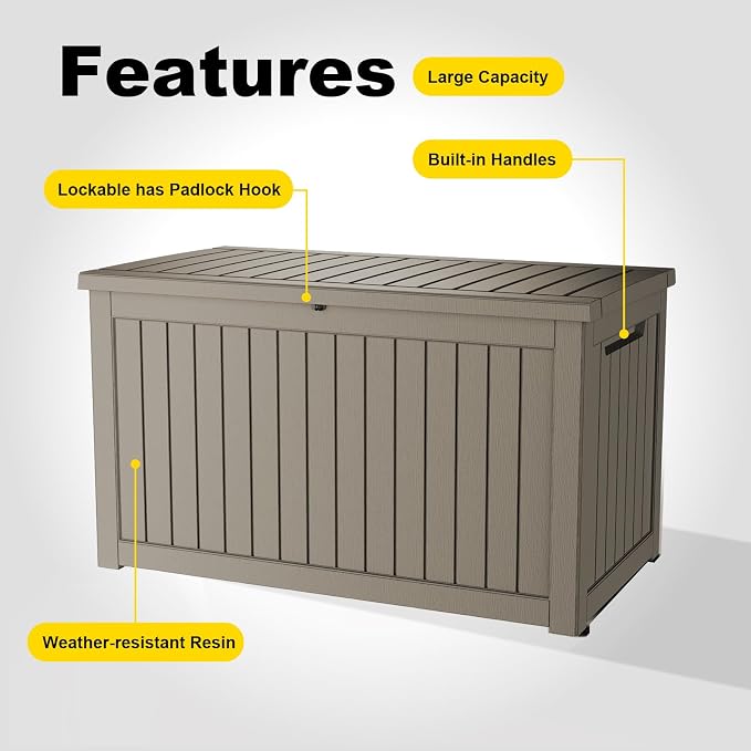 PatioZen 280 Gallon Deck Boxes Outdoor Waterproof, Weatherproof Outdoor Storage Boxes Lockable for Patio Furniture, Pool Supplies,Garden Tools(Grey)