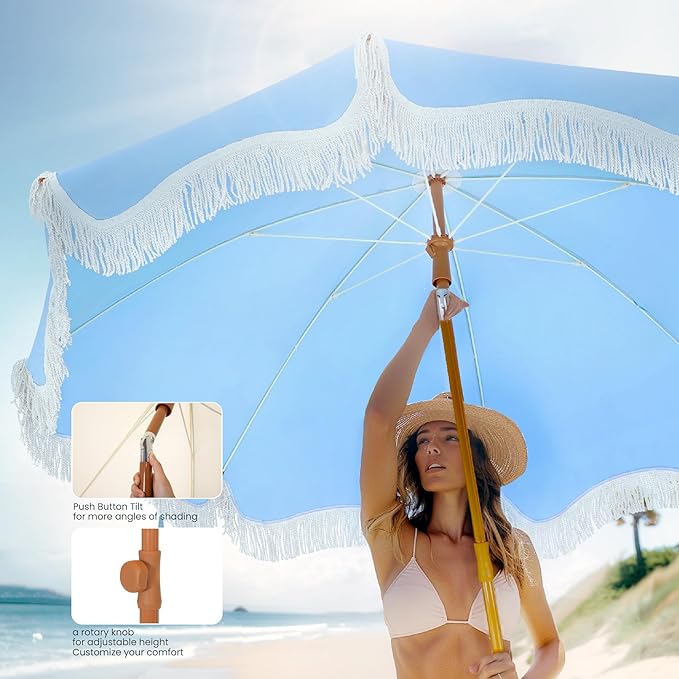 PHI VILLA 7ft Fringe Beach Umbrella with Sand Anchor, Outdoor Patio Portable Beach Umbrella for Sand with Tassels, Push Button Tilt & Carrying Bag, UPF 50+, Light Blue