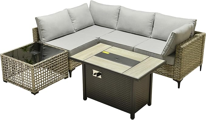 Outdoor Patio Furniture Sets,6 PCS Patio Conversation Set Outside Rattan Sectional Sofa with 42 in Fire Pit Table&Coffee Table Fit Backyard Porch Garden Poolside Balcony