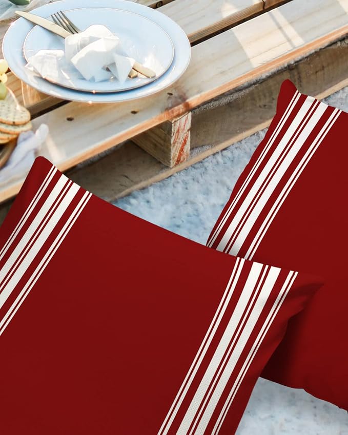 Vandarllin Outdoor Throw Pillows Covers 26X26 Set of 2 Waterproof Burgundy Red Stripe Decorative Zippered Lumbar Cushion Covers for Patio Furniture, French Stripe Farmhouse Style