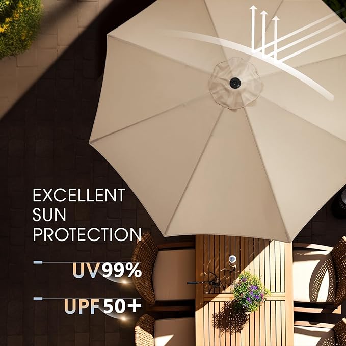 wikiwiki 9FT Patio Umbrella with Base, Outdoor Umbrellas with Base Included, 8 Sturdy Ribs, Waterproof Fade Resistant POLYESTER DTY Canopy for Deck, Lawn, Garden, Backyard & Pool, Beige