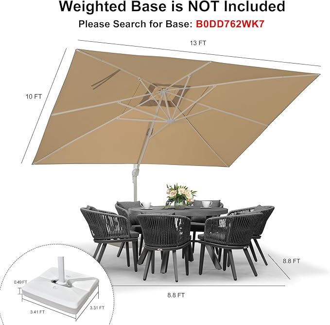 PURPLE LEAF 10' × 13' Patio Umbrella White Cantilever Umbrella Aluminum Square Outdoor Offset Umbrella Hanging Windproof with 360° Rotation for Garden Deck Pool, Beige