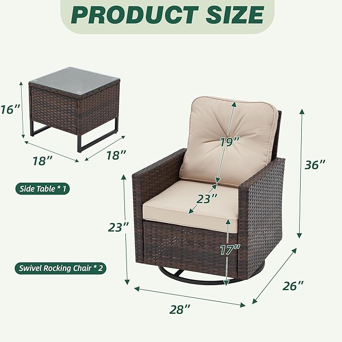 AVAWING 3 Pieces Patio Furniture Set, Wicker Swivel Rocking Chairs with Tempered Glass Side Table, Patio Conversation Set w/Waterproof Cushions for Garden, Balcony and Porch, Beige