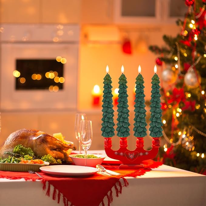 DRomance Christmas Tree Flameless Taper Candles Battery Operated with 10-Key Remote and Timer Real Wax LED Taper Candles 3D Wick Flickering Lifelike Leaves Dinner Xmas Holiday Decoration Set of 4