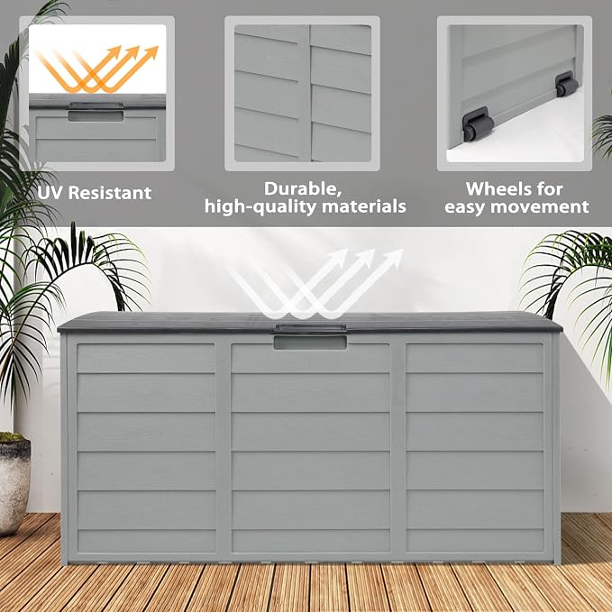 Crownland Modern Rectangular Deck Box, 75 Gallon Sun-proof Woodgrain Patio Storage Box for Garden, Balcony, Grey